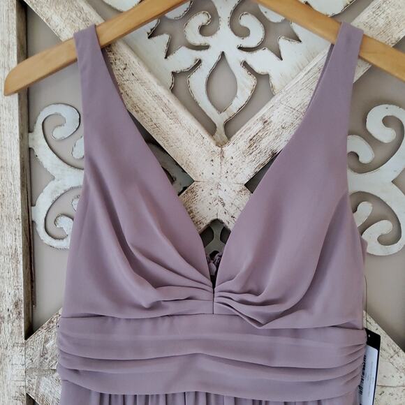 Lulu's Ruched A-Line Chiffon Maxi Dress Sleeveless in Taupe Purple - Picture 2 of 7